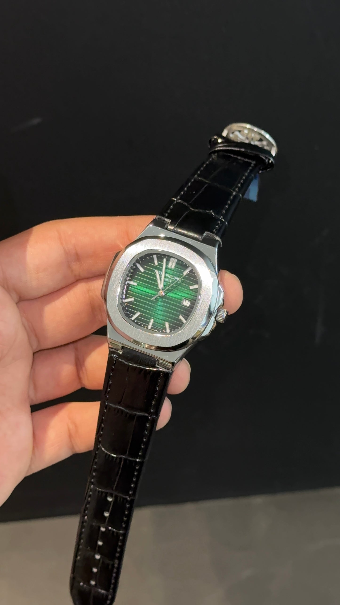 PP | Silver bezel | Gradient Green Dial | Black Leather Strap