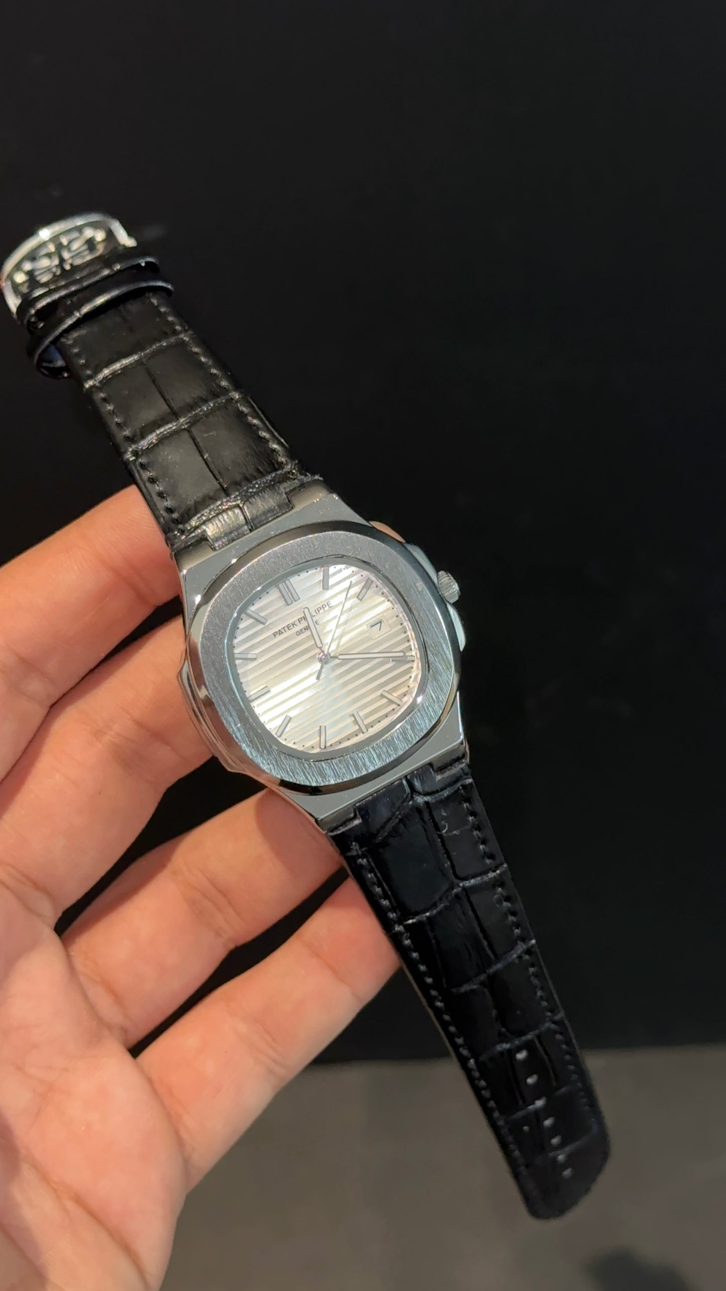 PP | Silver bezel | White Dial | Black Leather Strap