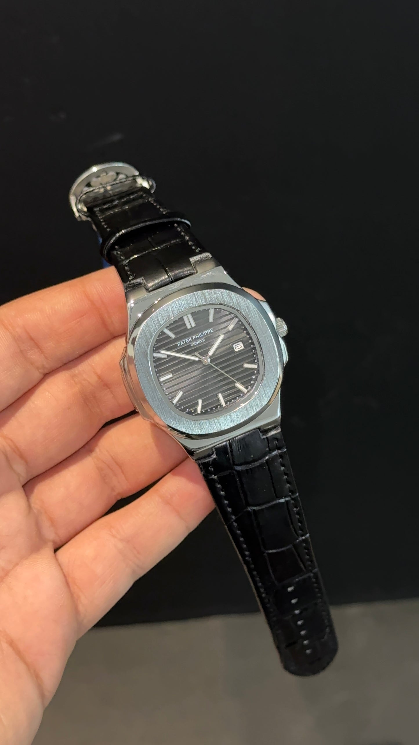 PP | Silver bezel | Black Dial | Black Leather Strap