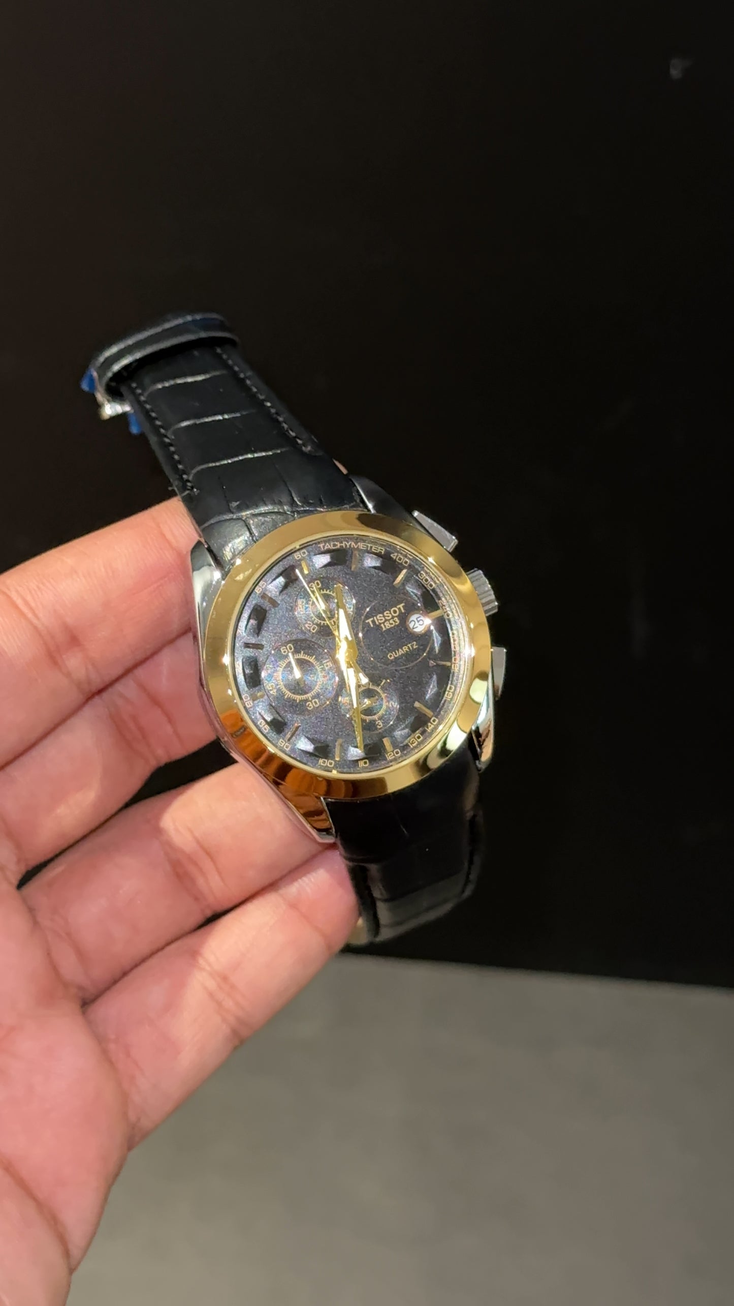 Tissot 1853 | Gold Bezel | Chrono | Black dial | Black Leather strap