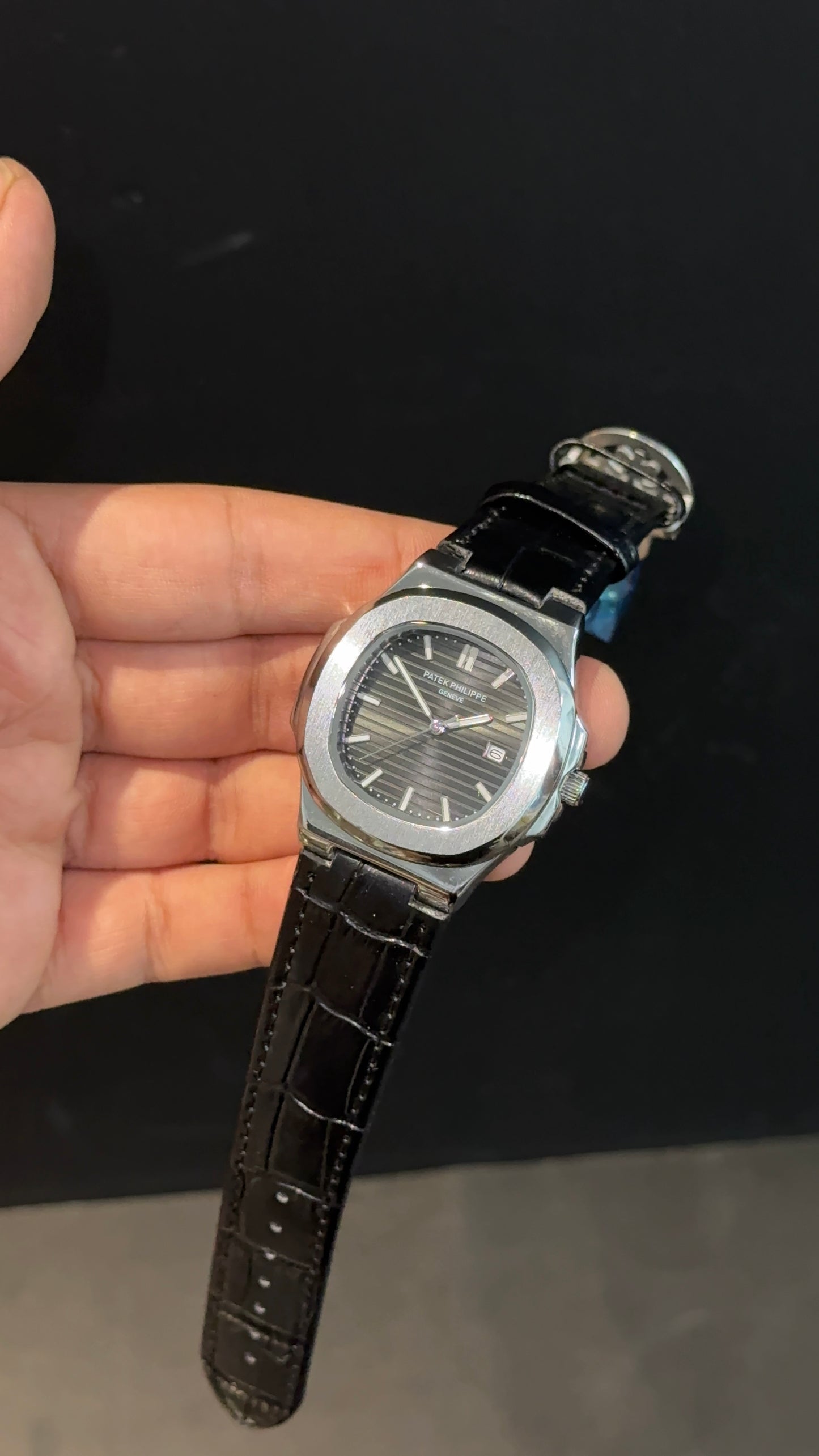 PP | Silver bezel | Black Dial | Black Leather Strap