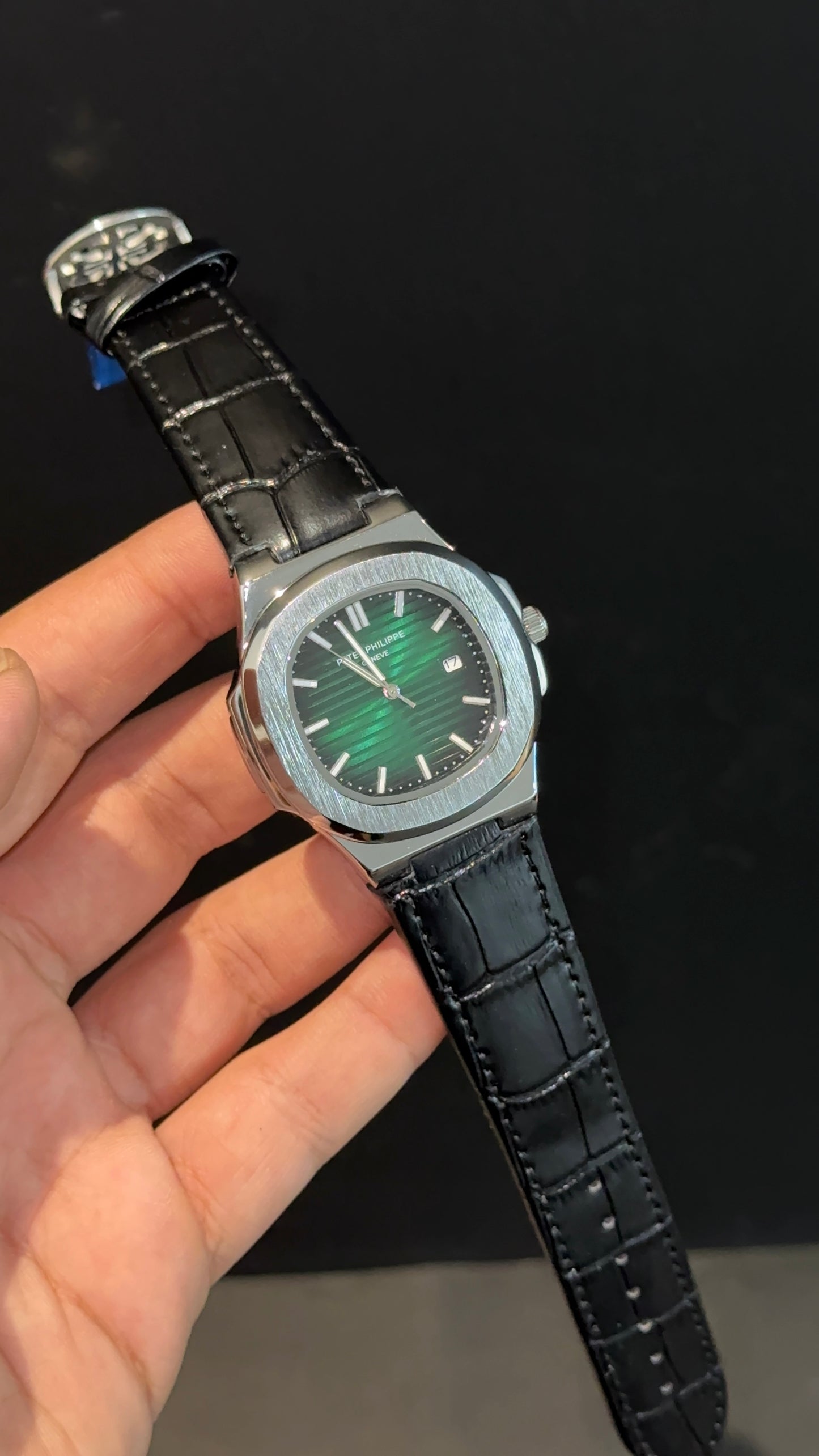PP | Silver bezel | Gradient Green Dial | Black Leather Strap
