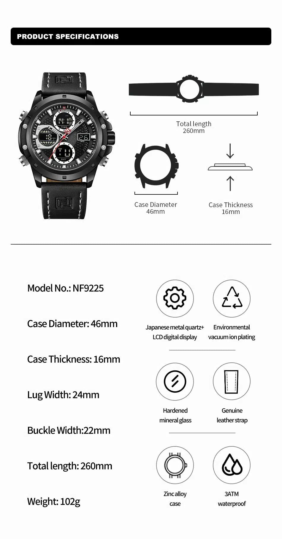 Naviforce NF 9225 Dual Time Editon B-W-DBN