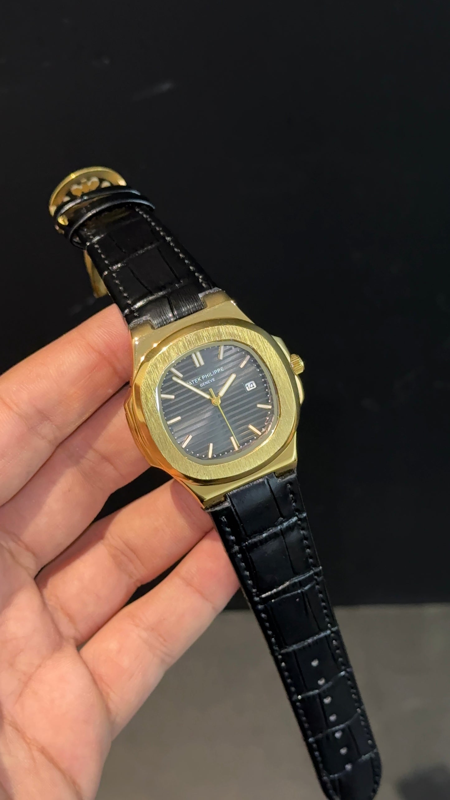 PP | Gold bezel | Black Dial | Black Leather Strap