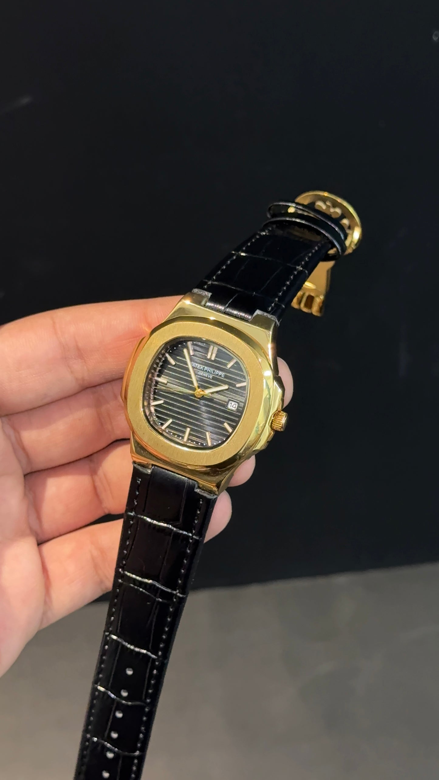 PP | Gold bezel | Black Dial | Black Leather Strap