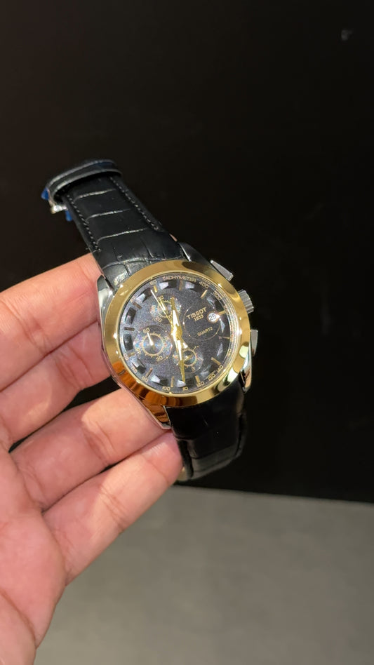 Tissot 1853 | Gold Bezel | Chrono | Black dial | Black Leather strap