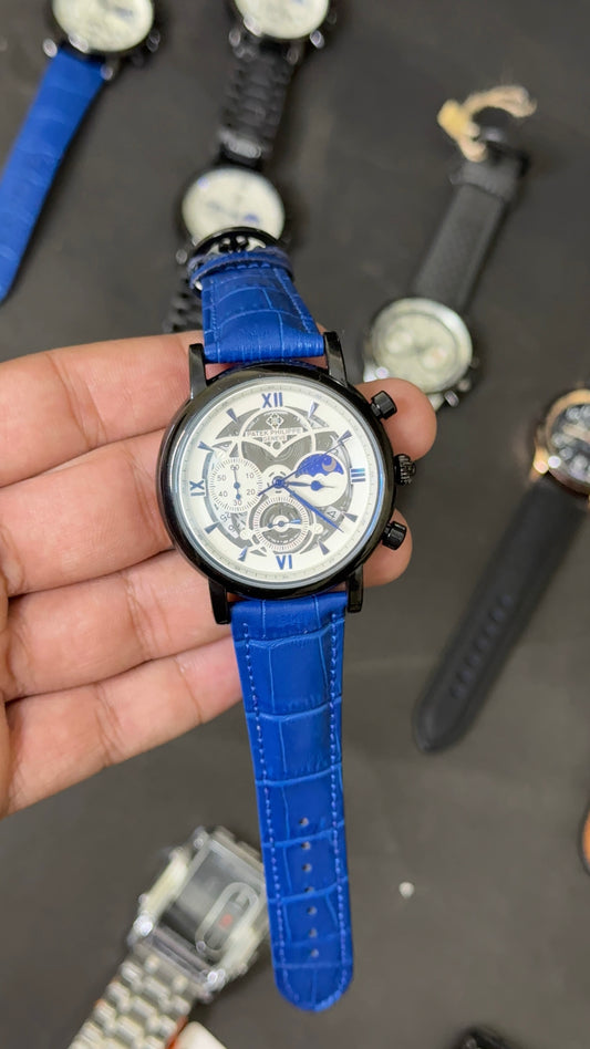 Pp Blue leather strap | White Dial | Chronograph | Moonphase